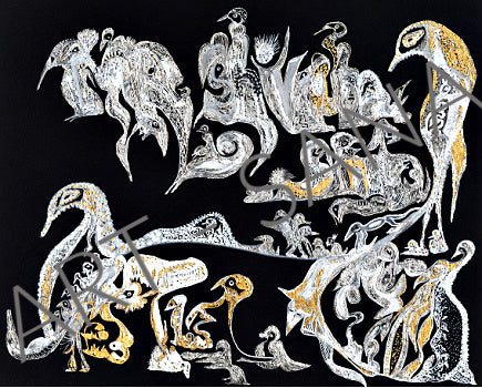WALL ART - MOON GUARDIANS - WHITE GOLD - (Hand-Drawn - Original)
