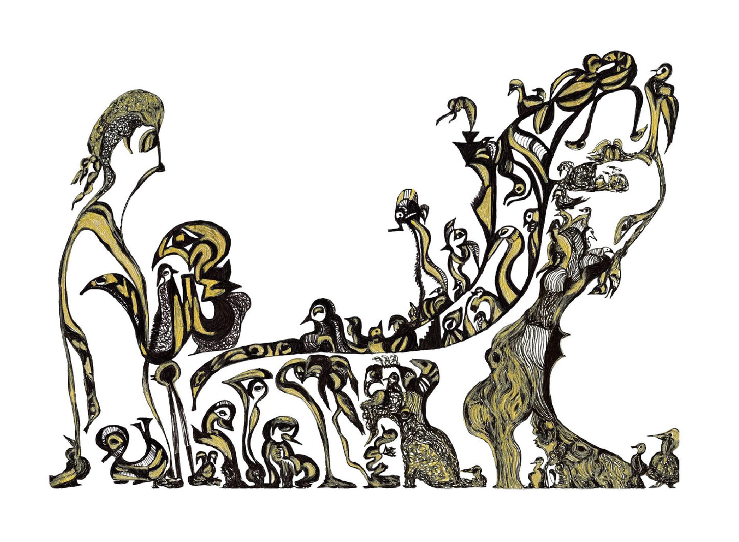 WALL ART -THE LISTENING FIELD - GOLD - (Hand-Drawn - Original)