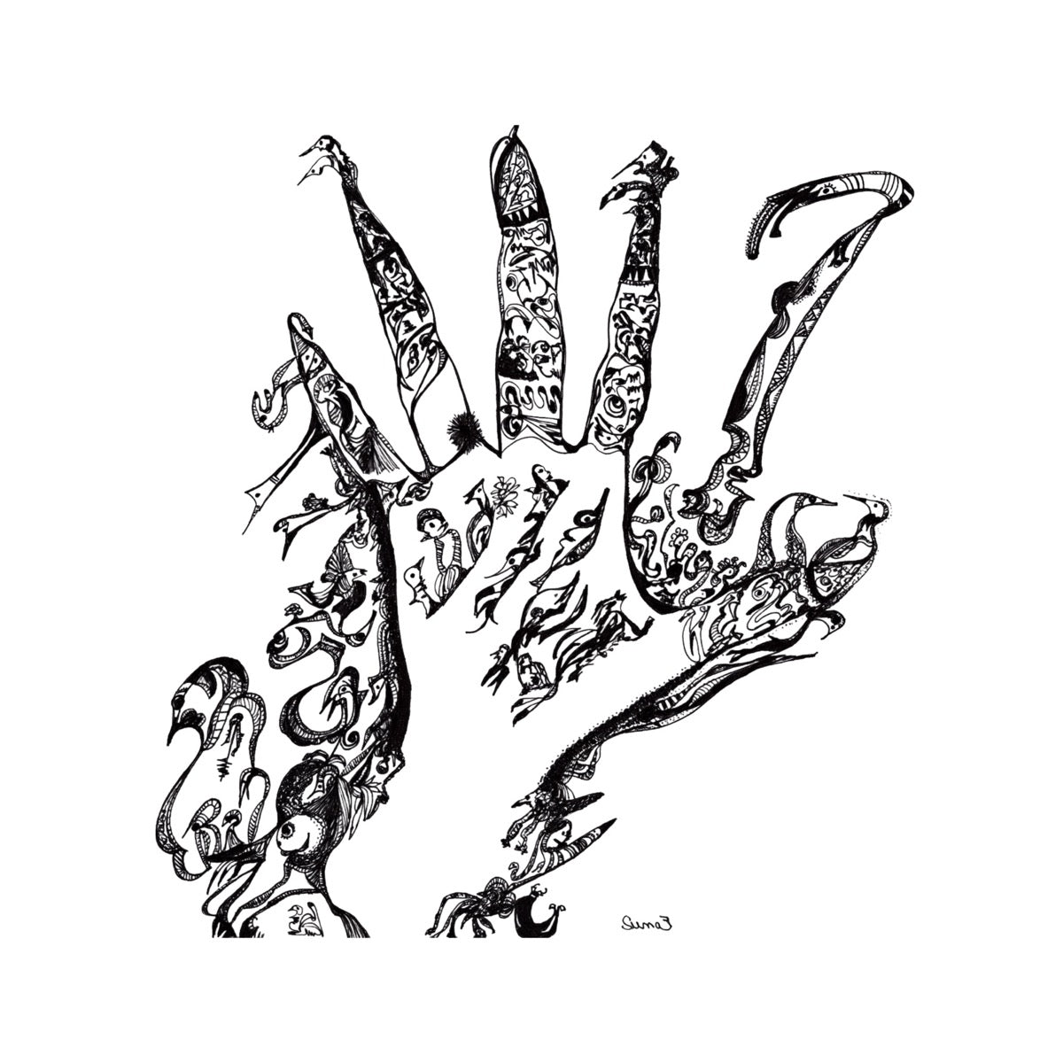 WALL ART - THE HAND OF WHISPERS - BLACK - (Hand-Drawn - Original)