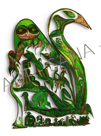 WALL ART -  SHE WHO SEES IN DARKNESS - DARK GREEN - (Hand Drawn with Al - Enhanced Version)