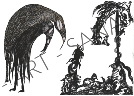 WALL ART - THE CROWN AND THE WATCHER  - BLACK -  (Hand-Drawn - Original)